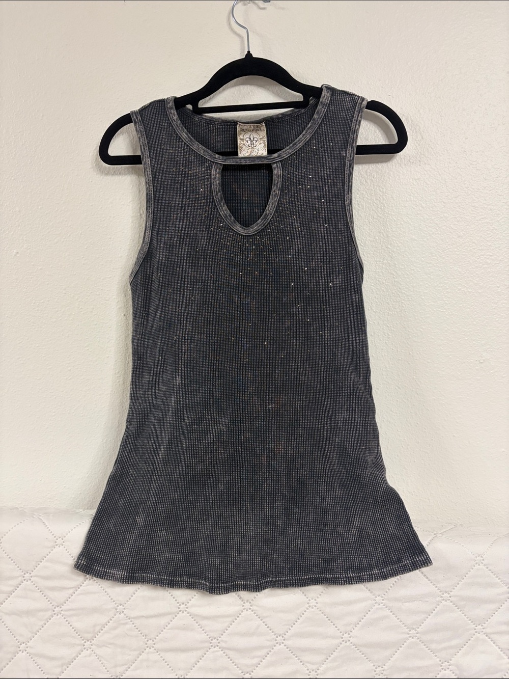 Vocal Thermal Rhinestone Cutout Tank Top Black Medium